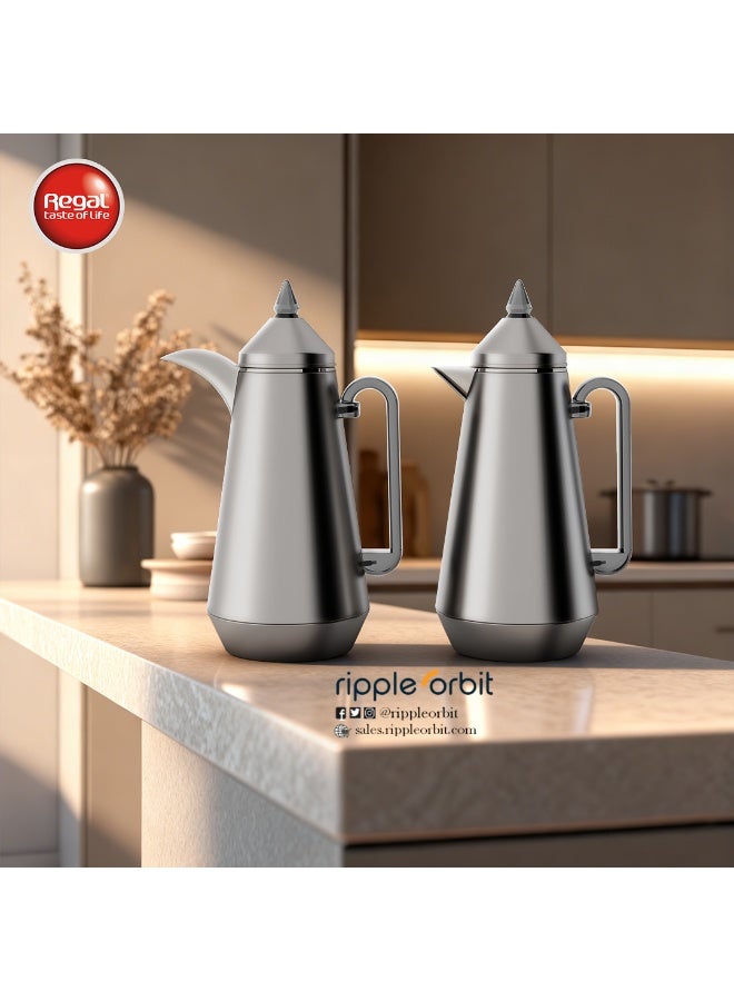 طقم ترامس ريجال من ريبل (2 × 1 لتر)، جسم ستانلس ستيل مزدوج الجدار مع بطانة زجاجية، عزل حراري للمشروبات الساخنة والباردة، مانع للتسرب، للقهوة العربية والشاي